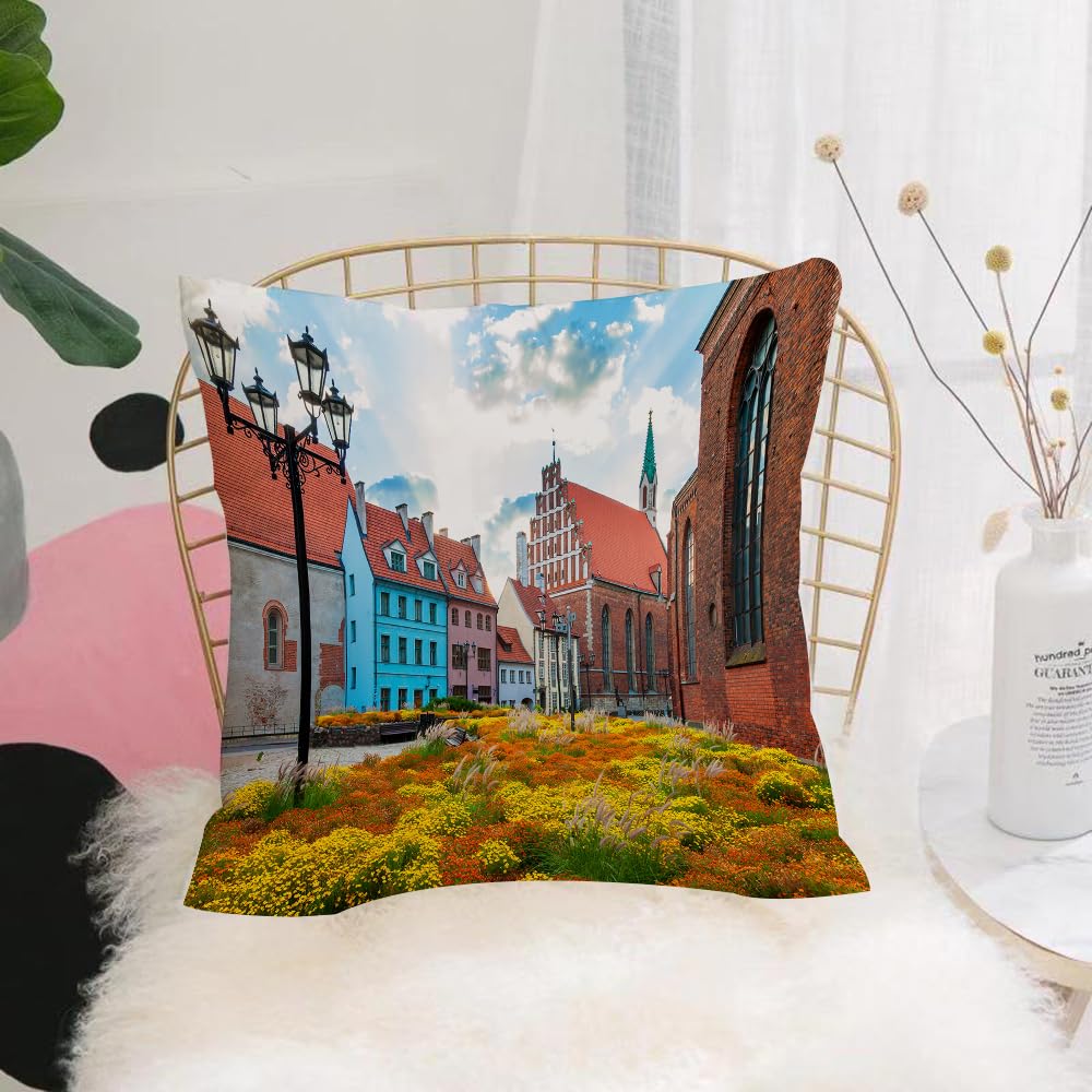 HYOSXW Cushion Cover,Throw Pillow Case Home Decorative for Living Room Bedroom Sofa Chair 16X16 Inch,Old City Riga Latvia Capital with Historical Buildings Medieval To,Pillowcase 40X40cm