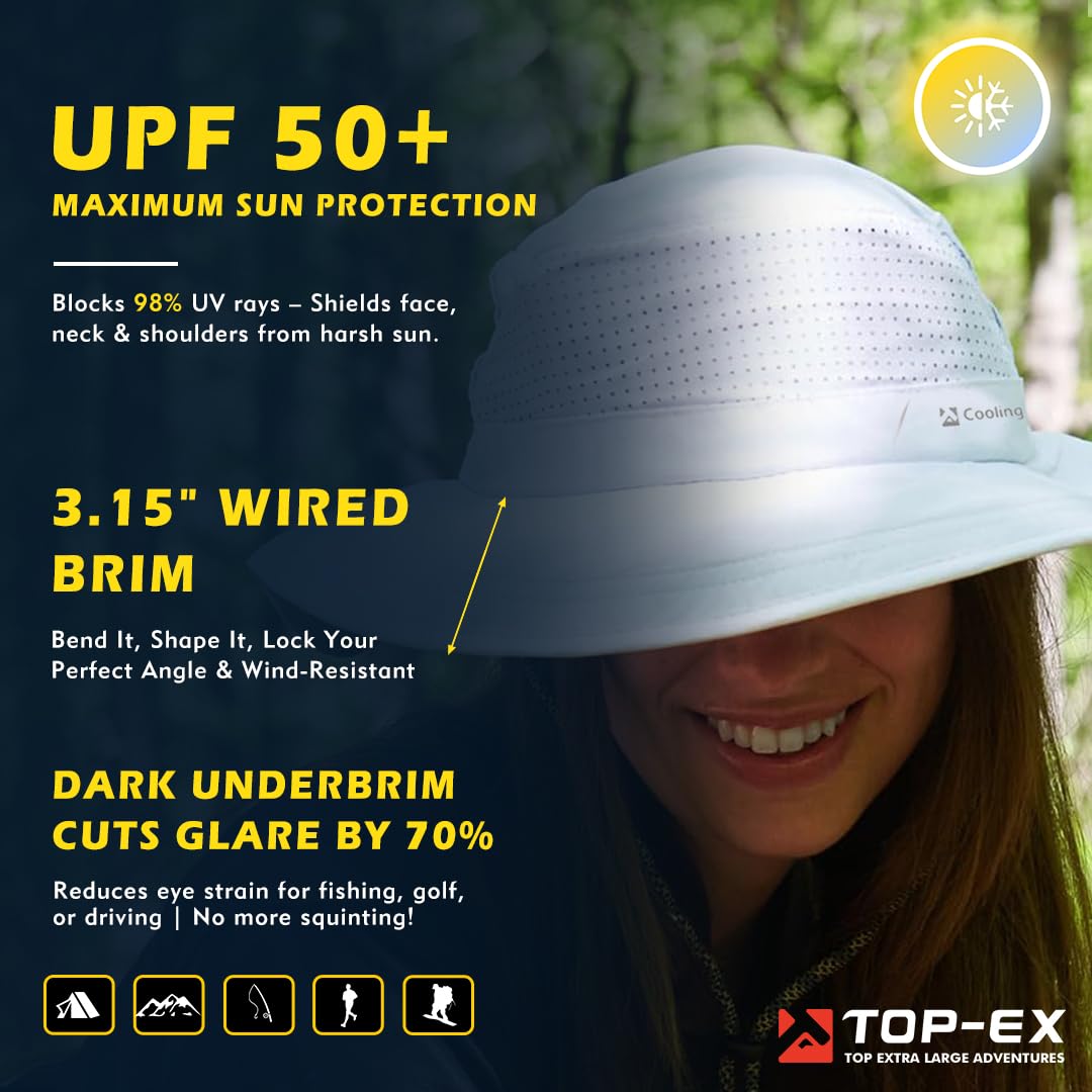 TOP-EX Chapeau de soleil pour homme avec protection UV à large bord - Refroidissement - Pliable - Pour l'extérieur, la randonnée, la pêche - Taille 40 - 21,4 cm