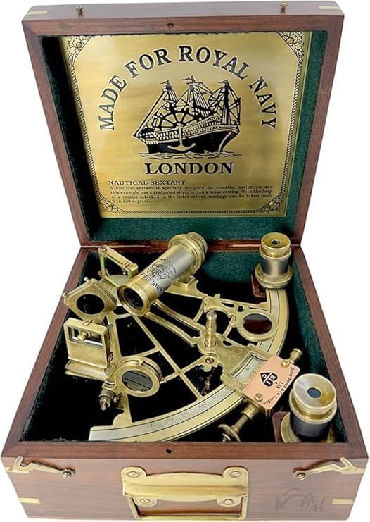 Solid Brass Nautical Sextant Marine Celestial Navigation Instrument & Decorative Maritime Showpiece Antique-Style Brass Ship Sextant with Wooden Box Gift for Sailors, Collectors & Home Decor