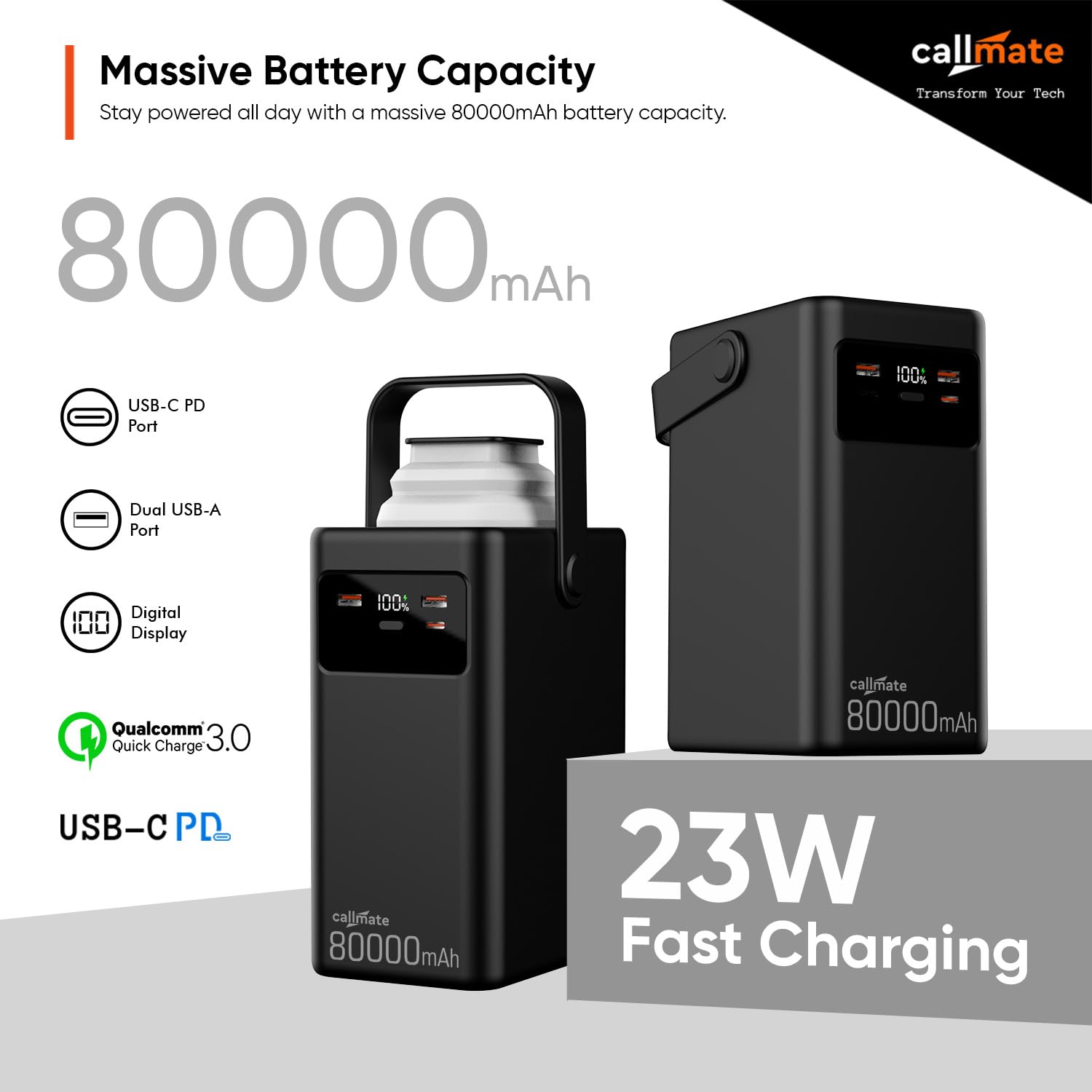 CALLMATE 80000mAh 23W Fast Charging Power Bank with 4 in 1 Built-in Detachable Cables, USB-C PD & Dual USB-A QC 3.0 Outputs with Lightn-ing Input & Digital Display (Black, Pop-Up LED Light) — Amazon image 2