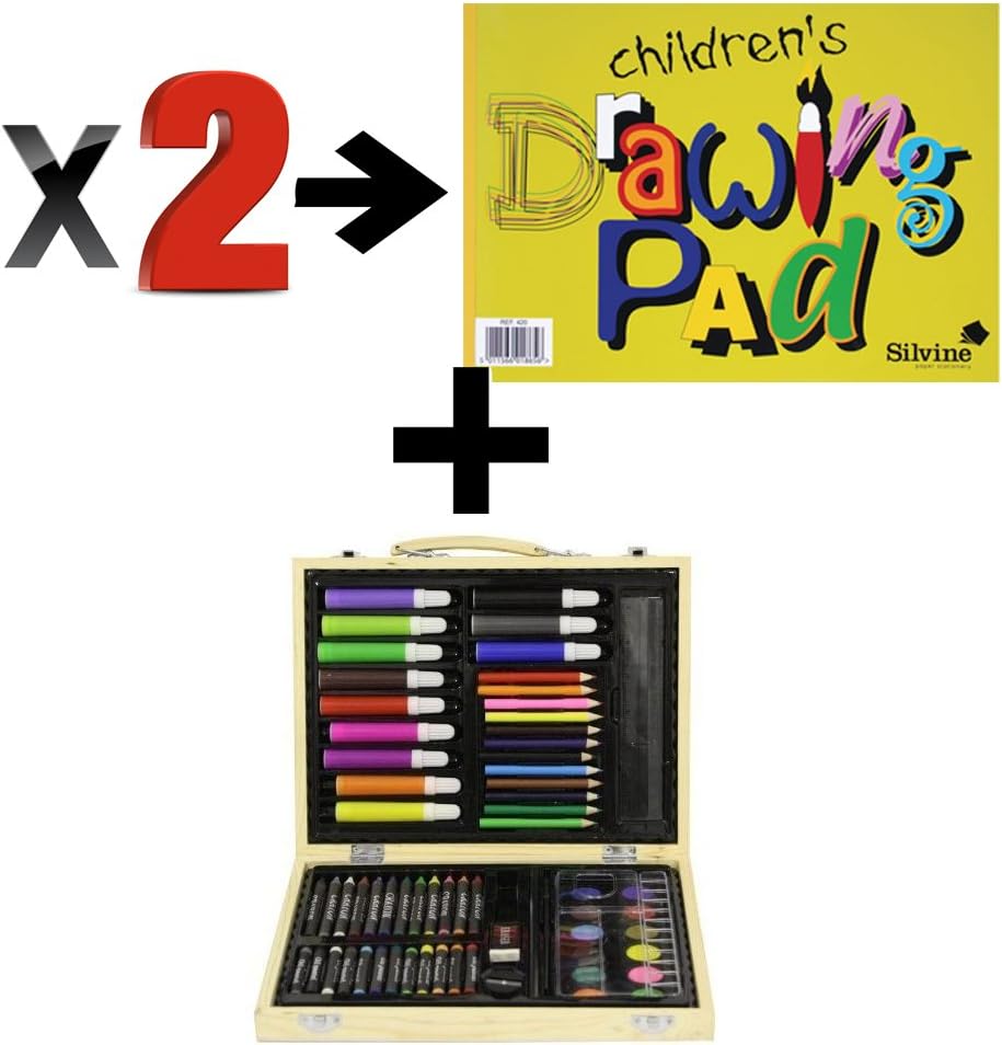Childrens 67 PC Craft Art Artists Set in Wooden Box Case Crayons Paints Pens Pencils & 2 x Popular Silvine Drawing Pads - COLOURING, PAINTING, DRAWING AND MUCH MORE - GREAT BUNDLE DEAL
