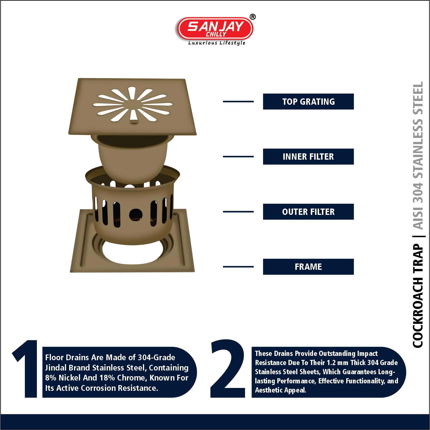 Sanjay Chilly Square Ezee SS Floor Drain Cockroach Trap for Bathroom Colour Collection 304 Grade Kitchen Sink Water Drainer Cover Jali Safety from Insects & Snakes (Brushed Bronze 5 x 5 INCH) 2