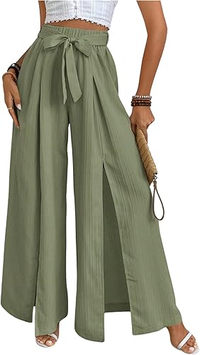 GORGLITTER Women's Textured Belted Flowy Dress Pants Split Hem Wide Leg Pleated 