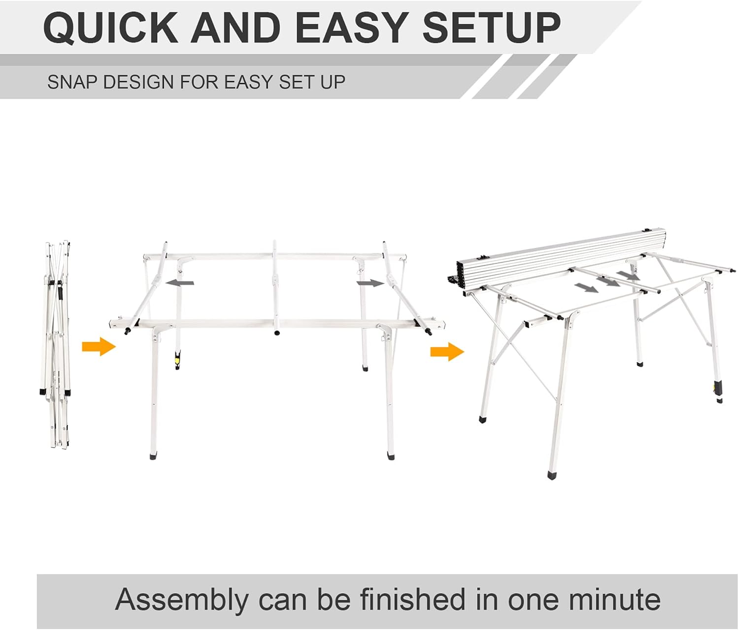 PORTAL Portable Camping Table Aluminum Folding Camp Table Roll Up Table with 1 Adjustable Leg, Mesh Layer and Carry Bag for Outdoor, Picnic, Grill, Kitchen, Silver, Large Space (47.2 x 27.6 inch)