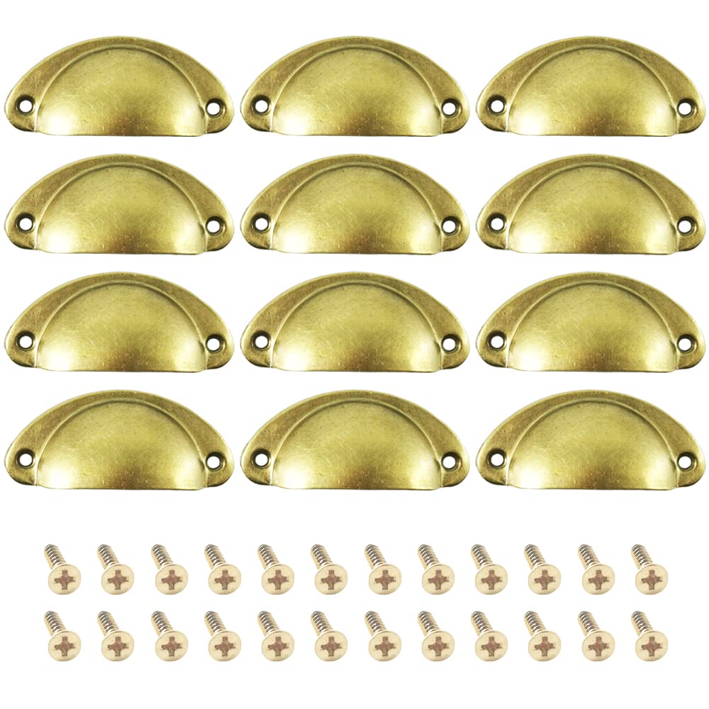 Ceeysee Brass 12Pcs Cup Handles For Drawers 81 X 35Mm Shell Pull Handles Vintage Antique Drawer Semicircle Handle Furniture Door Knobs Handles With Screws (Klsg/Brass)