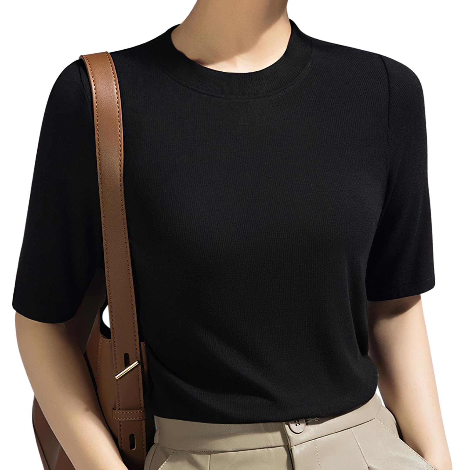 [YUMISS] 5分袖Tシャツ レディース 半袖 春 夏 【二の腕細見え・抜け感溢れた】 Tシャツ トップス 無地 丸首 柔らかい 通気 透けにくい おしゃれ シンプル カジュアル 通勤 オフィス インナー カットソー