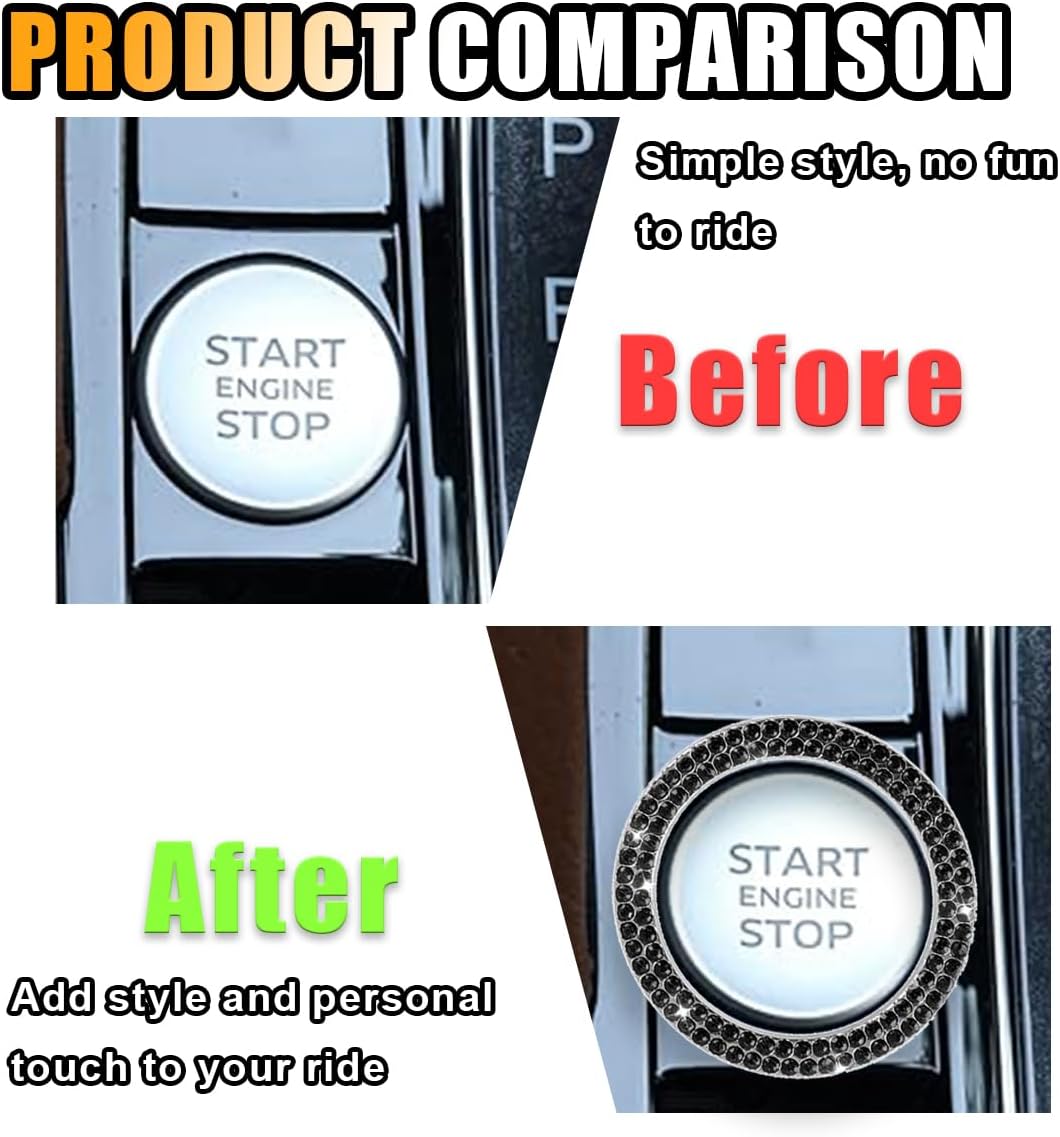 2PCS Car Bling Crystal Rhinestone Engine Start Stop Decals, Ring Start Button Cover Sticker Key Ignition Knob, Bling Car Interior Accessories for Women image 3