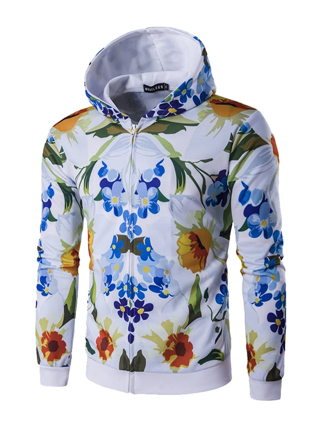 KTM Healthcare® M (US 38), White-flowers : Men Zip Front Long Sleeves Multi Pattern Slant Pockts Hooded Coat-image-40