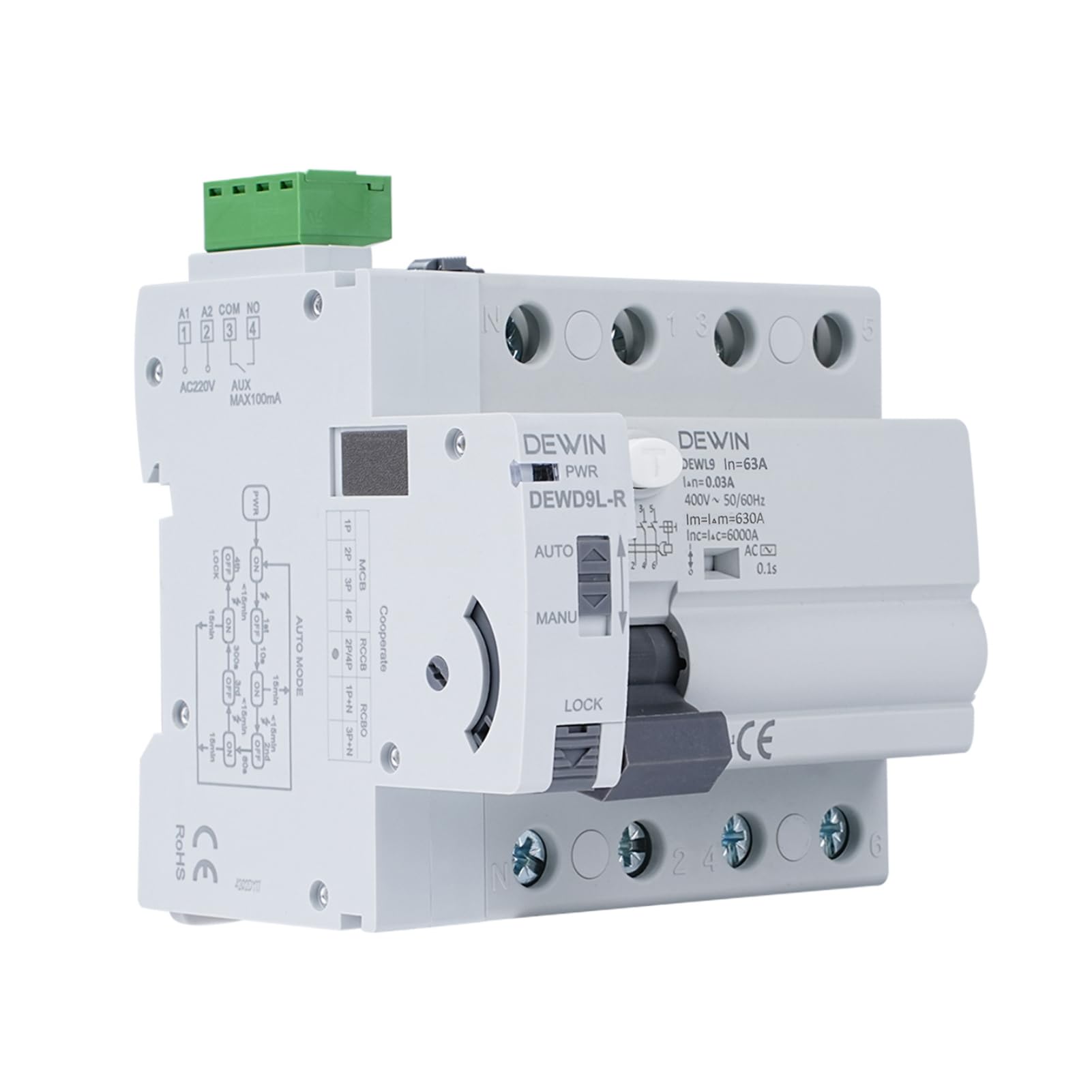 DEWIN FI-Schutzschalter mit Automatische Wiedereinschaltung, DEWD9L-R RCCB Automatisches Wiedereinschaltgerät Leistungsschalter Smart Breaker 4P 63A 30mA AC 400V