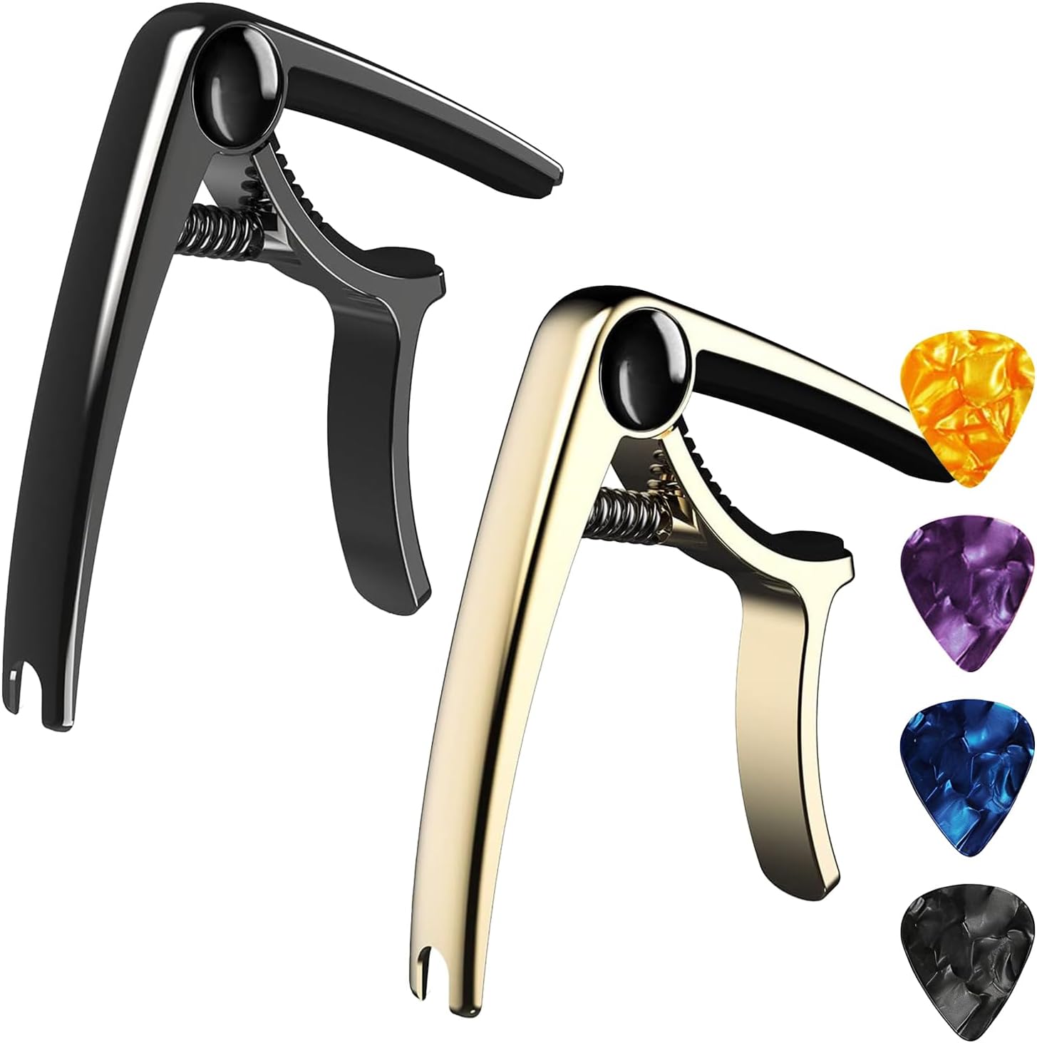 Guitar Capo, 3-in-1 Zinc Alloy Capo with String Pin Puller & 2 Picks, Quick-Change One-Handed Capo for Acoustic Electric Guitar, Ukulele, Banjo, Mandolin & Bass (golden, 1 Picks)