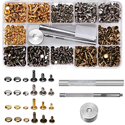 Gasea 420pcs Remaches de cuero corchetes de presion metalicos, Remaches de Cuero Remache de Doble Tapa Pernos, Herramienta de Reparación para DIY Artesanía de Cuero