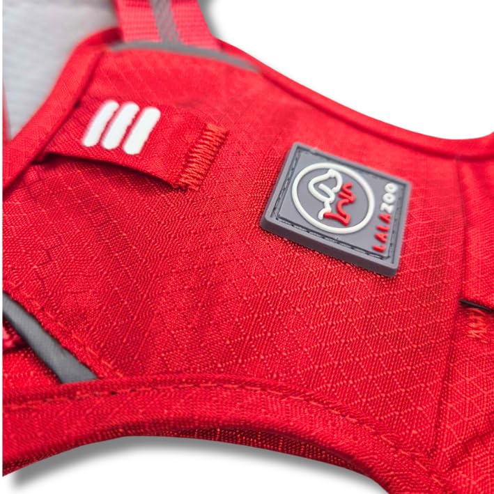 Lalazoo Adventure Hundegeschirr Typ Guard – No-Pull verstellbar gepolstert & reflektierend mit Griff Zwei Leinenbefestigungen & Tasche wasserabweisend für kleine mittelgroße & große Hunde – Rot, M