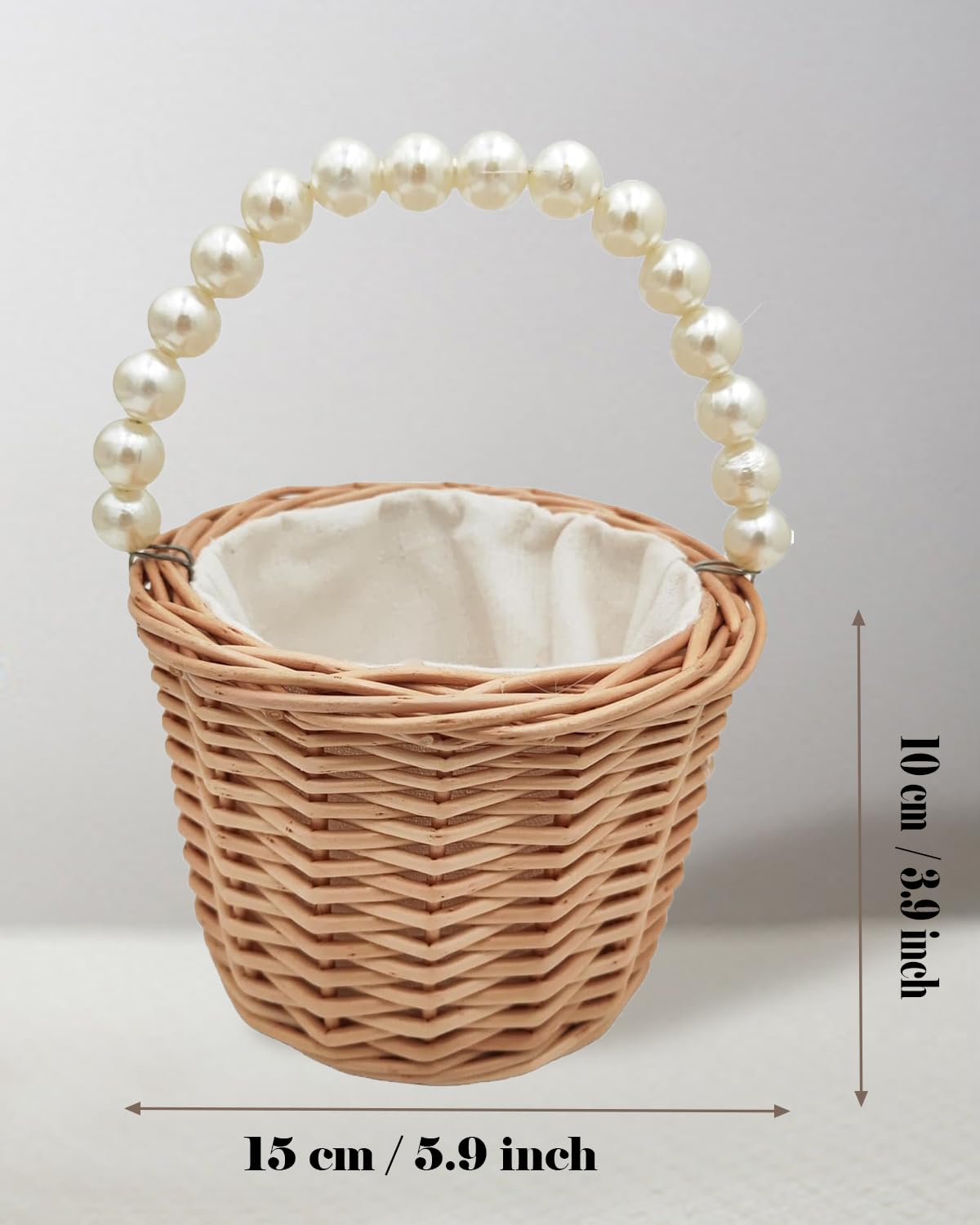 Cestino in vimini per matrimonio, con fodera bianca, cestino portaoggetti in rattan intrecciato rustico con manici in perla, cestino pasquale per la casa e il giardino