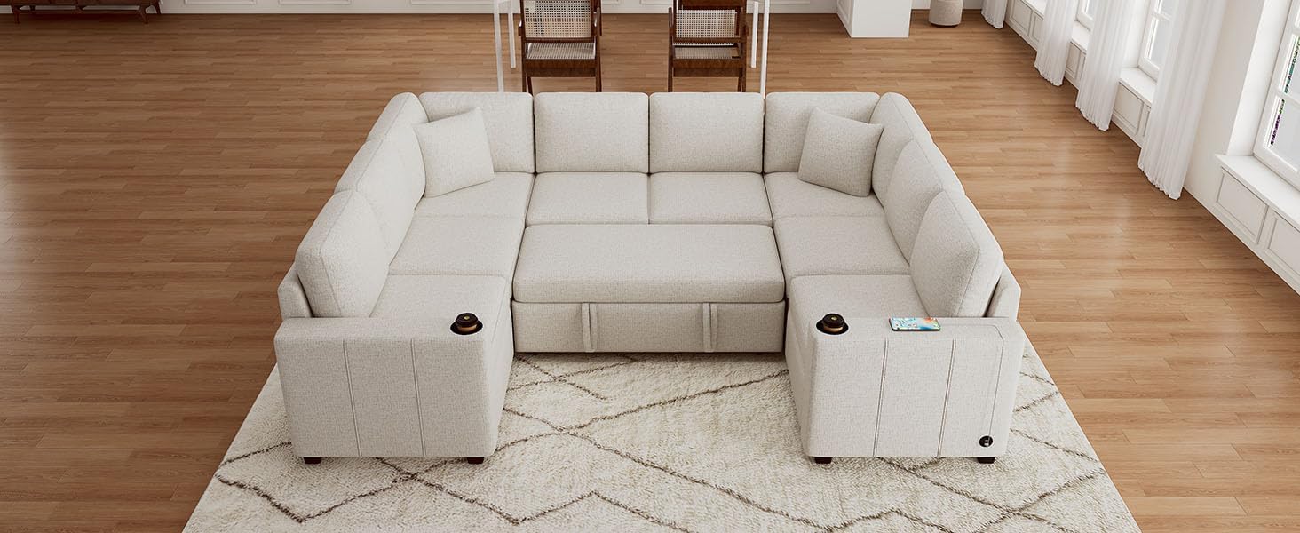 Sectional Sofa Convertible Pull-Out Sofa Bed U-Shaped Sofa for Living Room, Beige