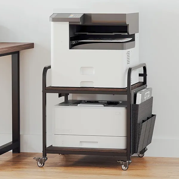 MIXISAV Printer Stand with Storage, Height Adjustable Printer Table with Power Outlets and USB Ports, Under Desk Printer Cart with Wheels for Home Office (Brown)