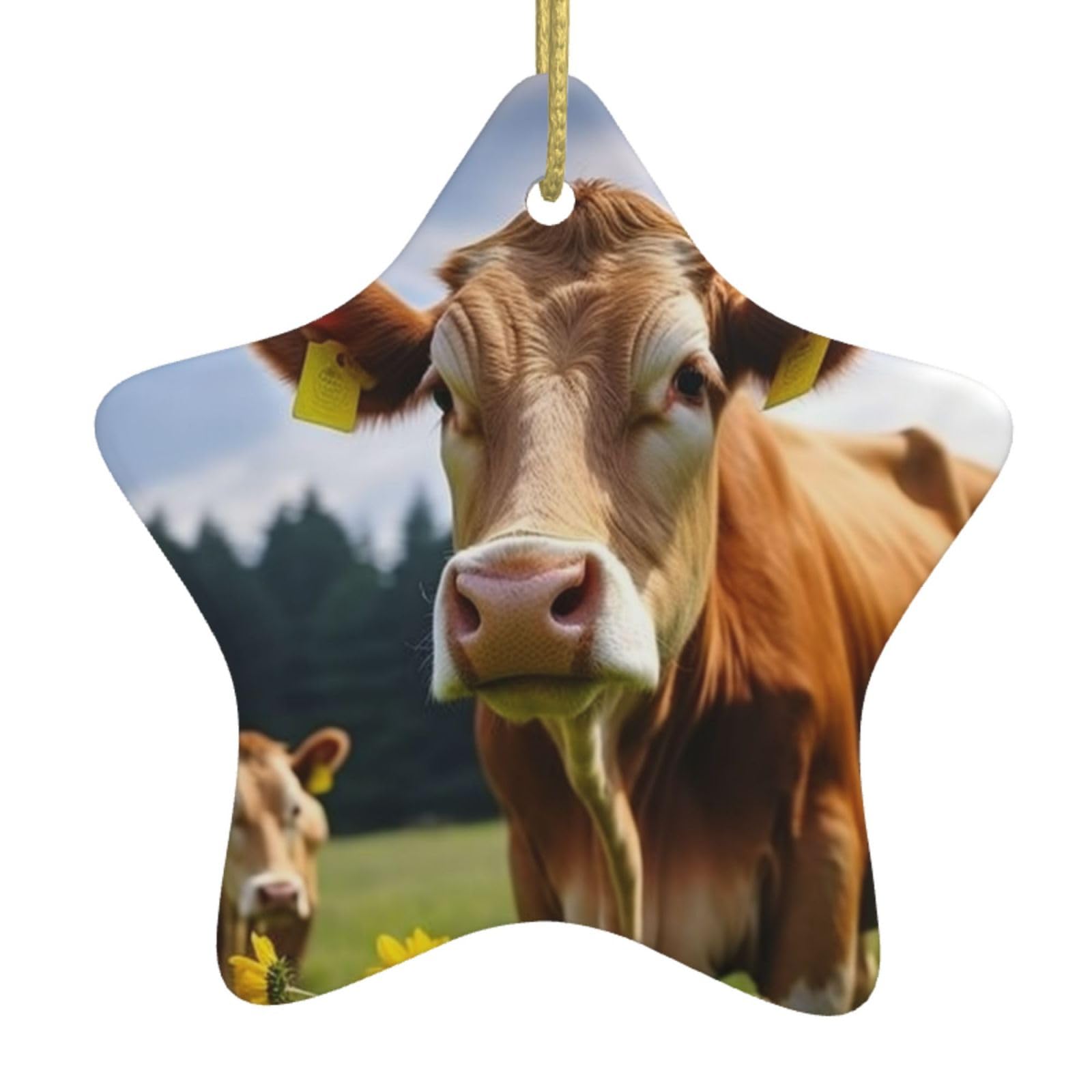 Ceramic Christmas Tree Hanging Ornaments with Gold Ropes Christmas Tree Decorations Star Ceramic Animal Brown Cow Pendant Keepsake Decorations for Holiday Xmas Gift Ideas