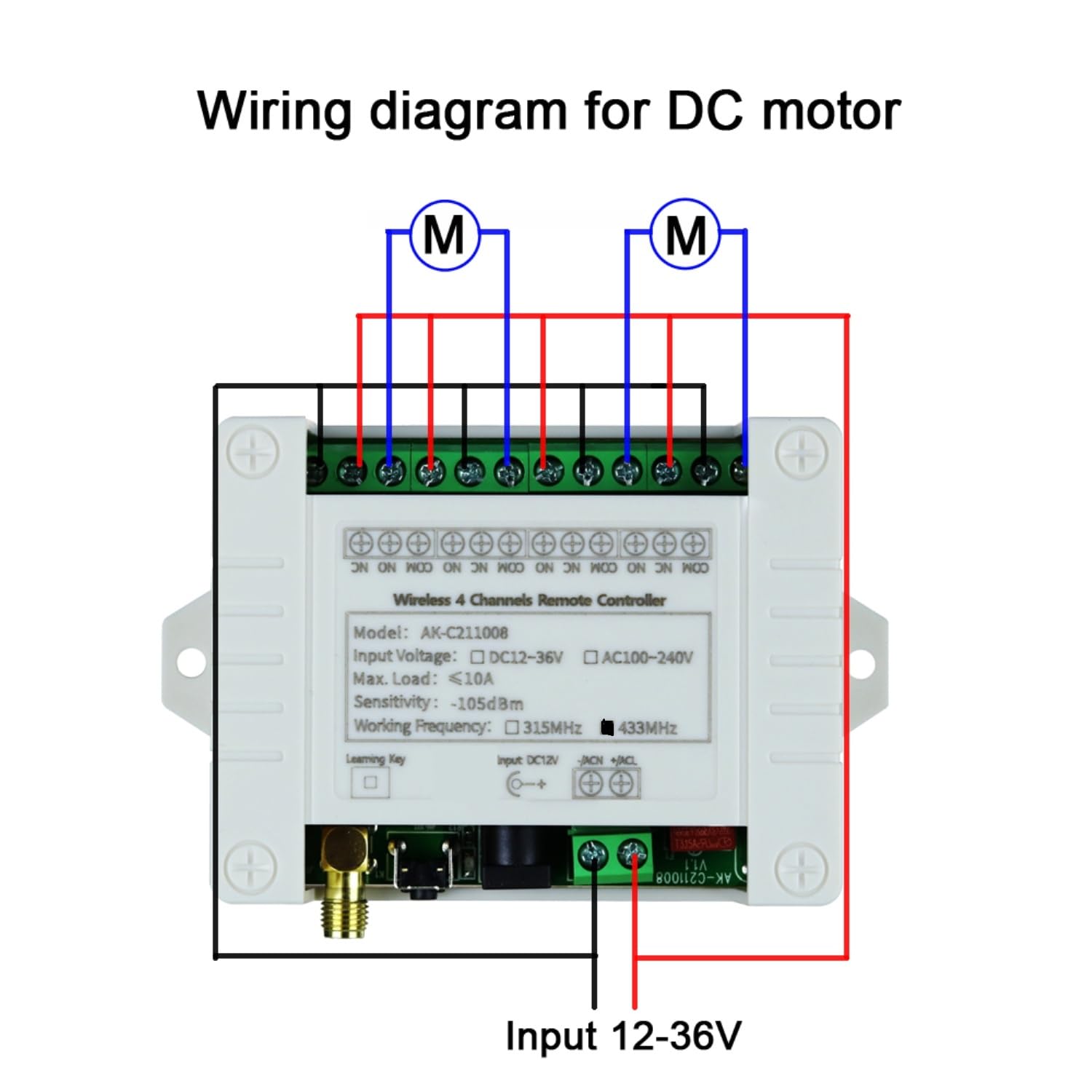 Interrupteur de télécommande sans fil DC 12 V 24 V 36 V 4 CH 433 MHz 10 A pour porte de garage, moteur, contrôle industriel, contrôle domestique, etc. 2 émetteurs, 1 récepteur