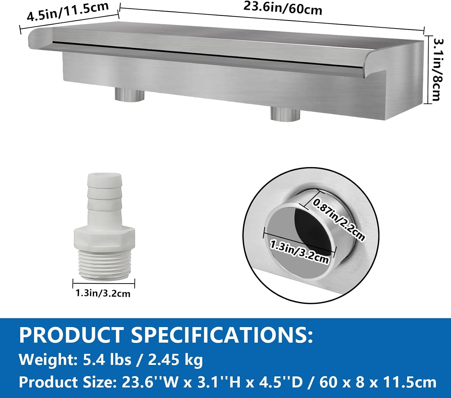 Pool Fountain Stainless Steel Waterfall Pool Waterfall Spillway for Inground Pond Water Fountain with Wider Water Flow Platform & Pipe Connector, Silver (23.6'')