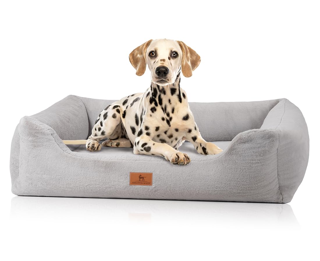Knuffelwuff Orthopaedic Dog Bed Made of Cuddly Soft Rabbit Faux Fur Cuddly Upagus XL 105 x 75 cm Grey Removable Cover Washable for Large, Medium and Small Dogs