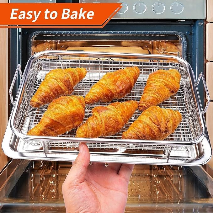 Kruvad Air Fryer Basket for Oven | 2-Piece Stainless Steel Set | 32.5x24x8 cm | Raised Mesh for Even Crisping | Dishwasher Safe, easy to bake