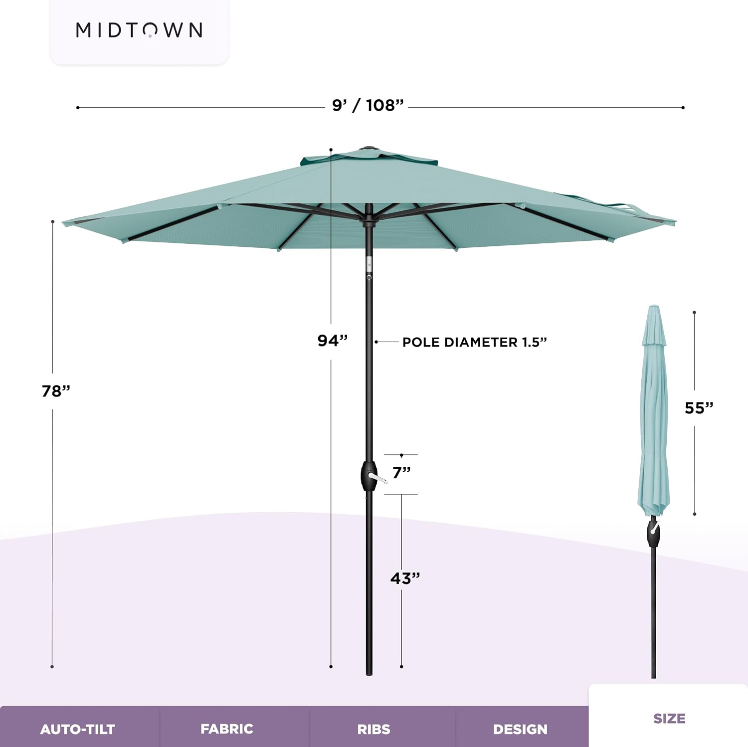 Midtown Umbrellas - 10-Year-No-Fade 9 Ft Patio Umbrella with Terylast Fabric, Auto-Tilt Aluminum Frame and 8 Reinforced Ribs for Deck, Pool, Garden & Beach - Aqua Canopy, Black Pole