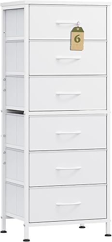 Miniatura 14 de WLIVE Cómoda alta para dormitorio, cómoda de 6 cajones y cómodas, cómoda de tela para armario, mesita de noche con marco de metal, torre de