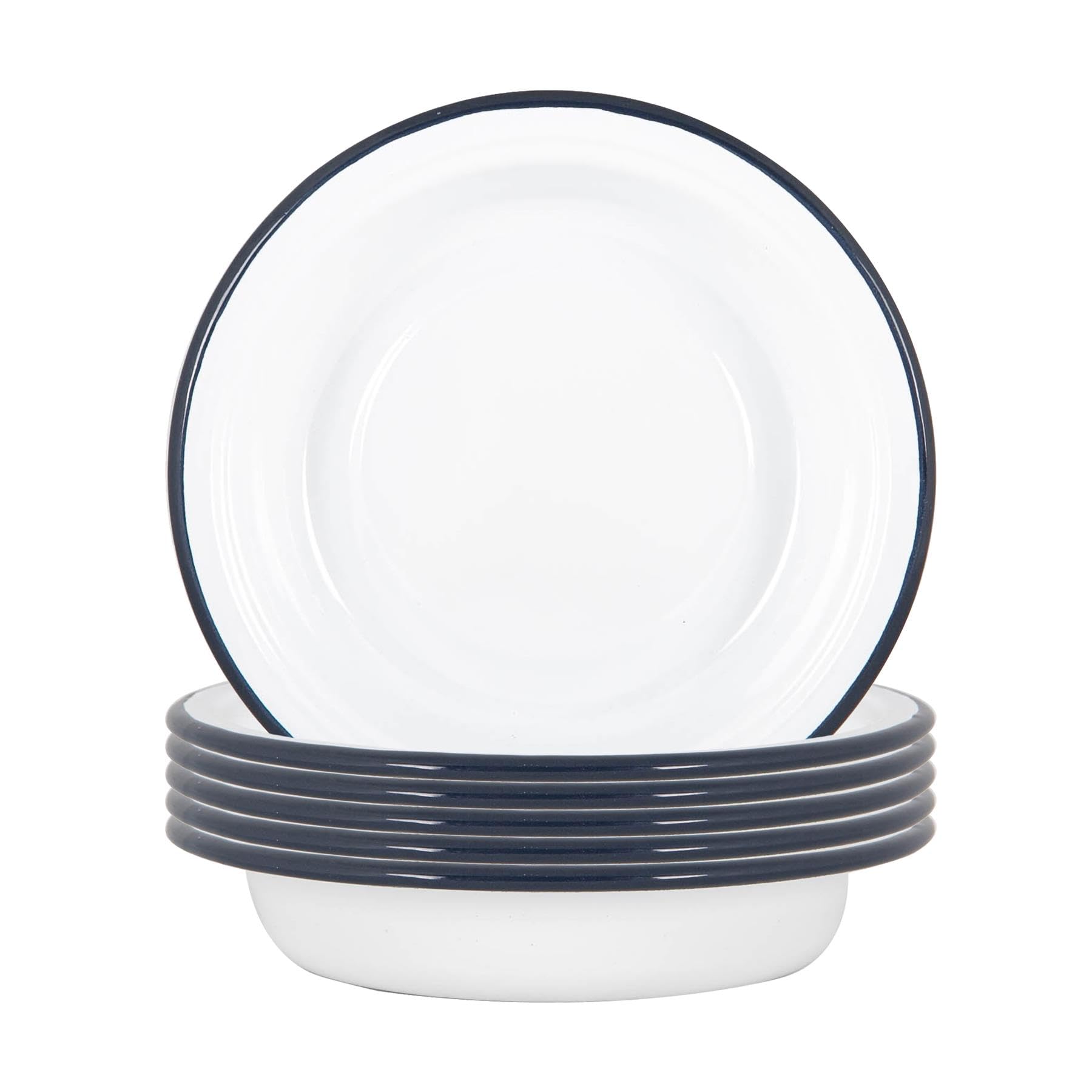 Argon Tableware White Deep Bowls - 19cm - Pack of 6 - Blue Metal Enamel Cereal Lightweight Camping Serving Bowls for Snacks, Pasta, Cereal, Salad
