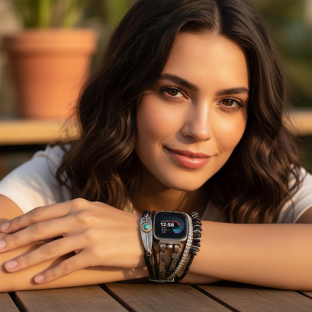 Bracelet Bands Compatible with Fitbit Versa 4/3/Sense 2/Sense Band for Women, Leather Beaded Watch Strap Natural Stone Wrap Boho Watch Band for Fitbit Versa 4 Band Replacement