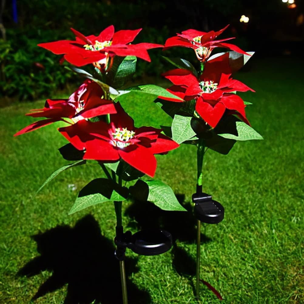 2 Pcs Solar Garden Lights,IP65 Waterproof Solar Poinsettia Flowers Lights Landscape Lighting,Simulation Poinsettia LED Light for Pathway Lawn Outdoor Decorative