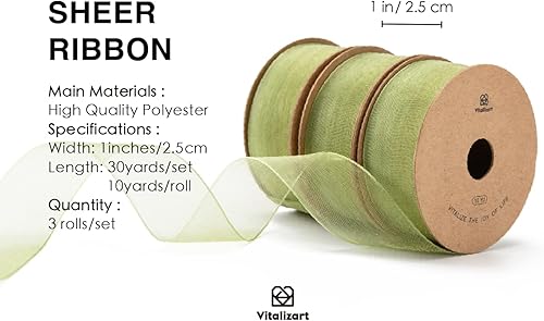 Miniatura 2 de Vitalizart Cinta transparente de organza verde salvia, de 1 pulgada x 30 yardas, hechas a mano para envolver regalos, árbol de Navidad,