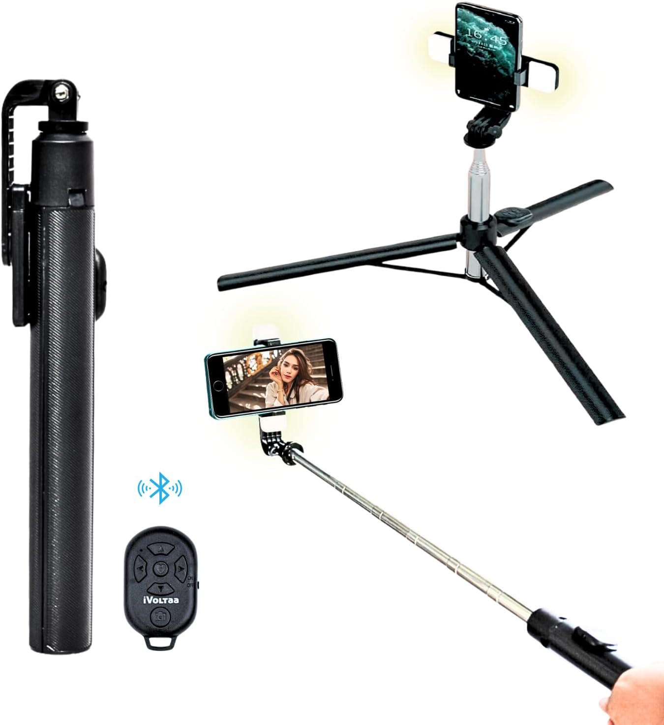 iVoltaa Super Long Extendable Selfie Stick Tripod with Detachable Wireless Remote, in-Built Tripod for Smartphones and Go-Pro, with and Without LED Flash Light (Black) (with LED Flash Light)