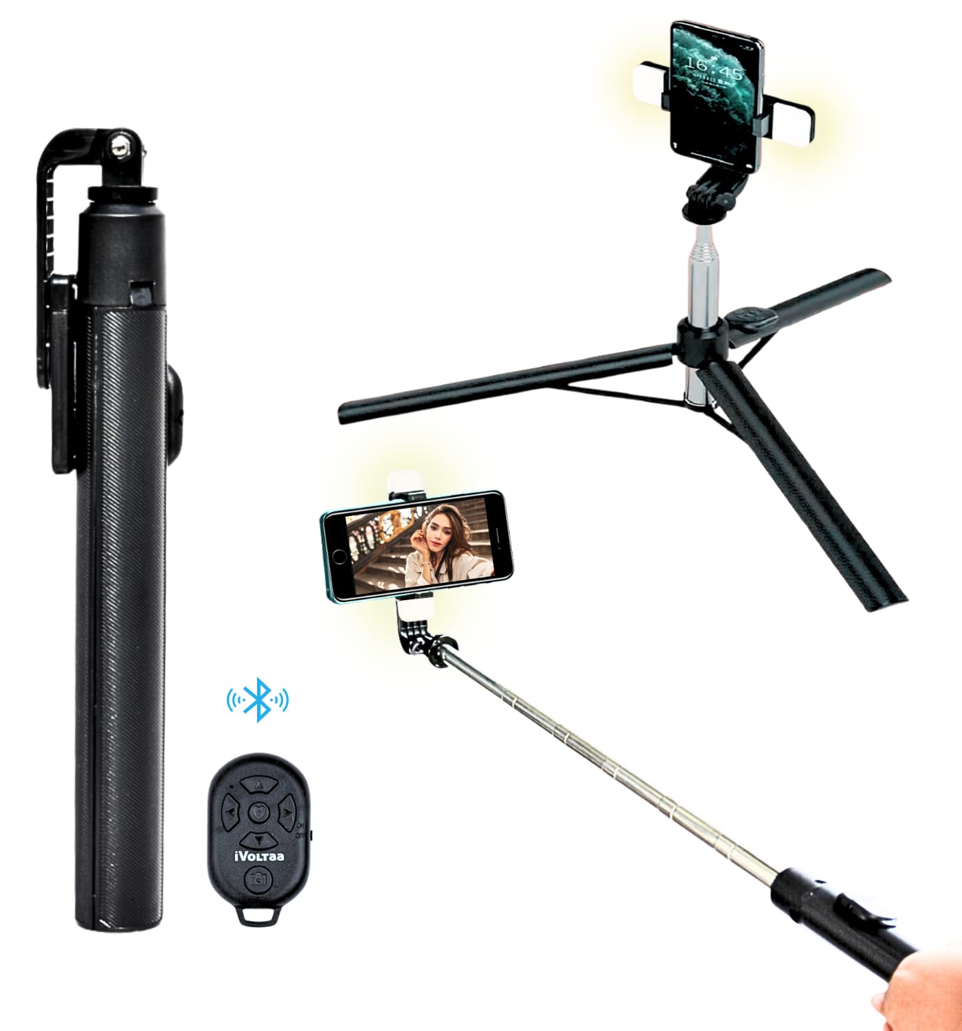 iVoltaa Super Long Extendable Selfie Stick Tripod with Detachable Wireless Remote, in-Built Tripod for Smartphones and Go-Pro, with and Without LED Flash Light (Black) (with LED Flash Light)