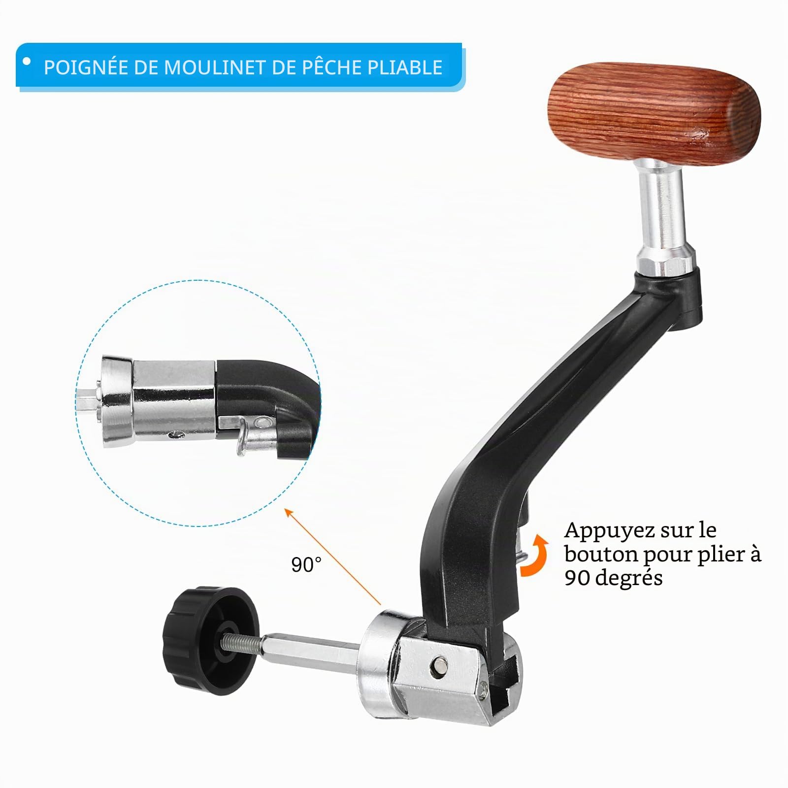 PATIKIL Poignée de Remplacement pour Moulinet de Pêche, Lot de 2 Manivelles en Métal avec Bras Rotatif et Poignée en Bois, Convient Aux Moulinets de La Série 5000-7000 (80mm)