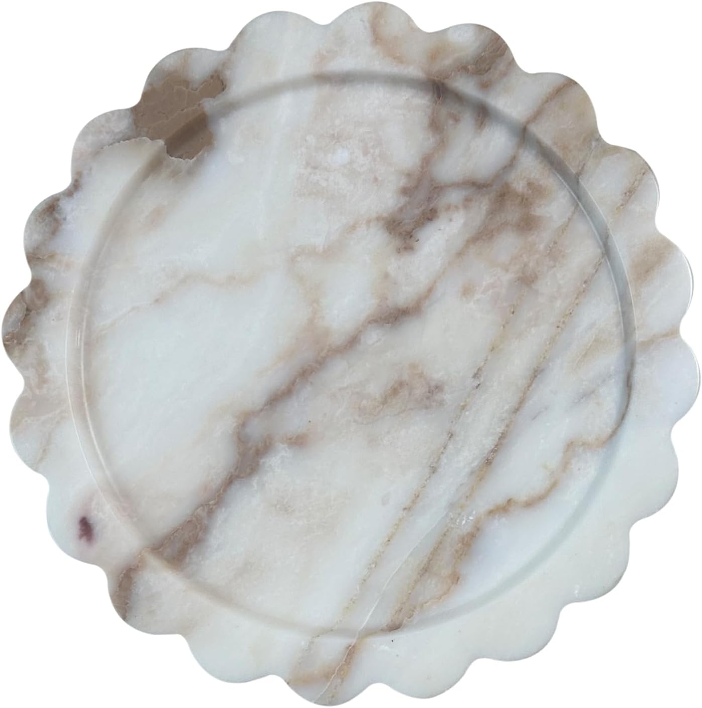 11" Round Marble Tray with Scalloped Edge, Black Marble Decorative Tray for Coffee Table (Black and White)