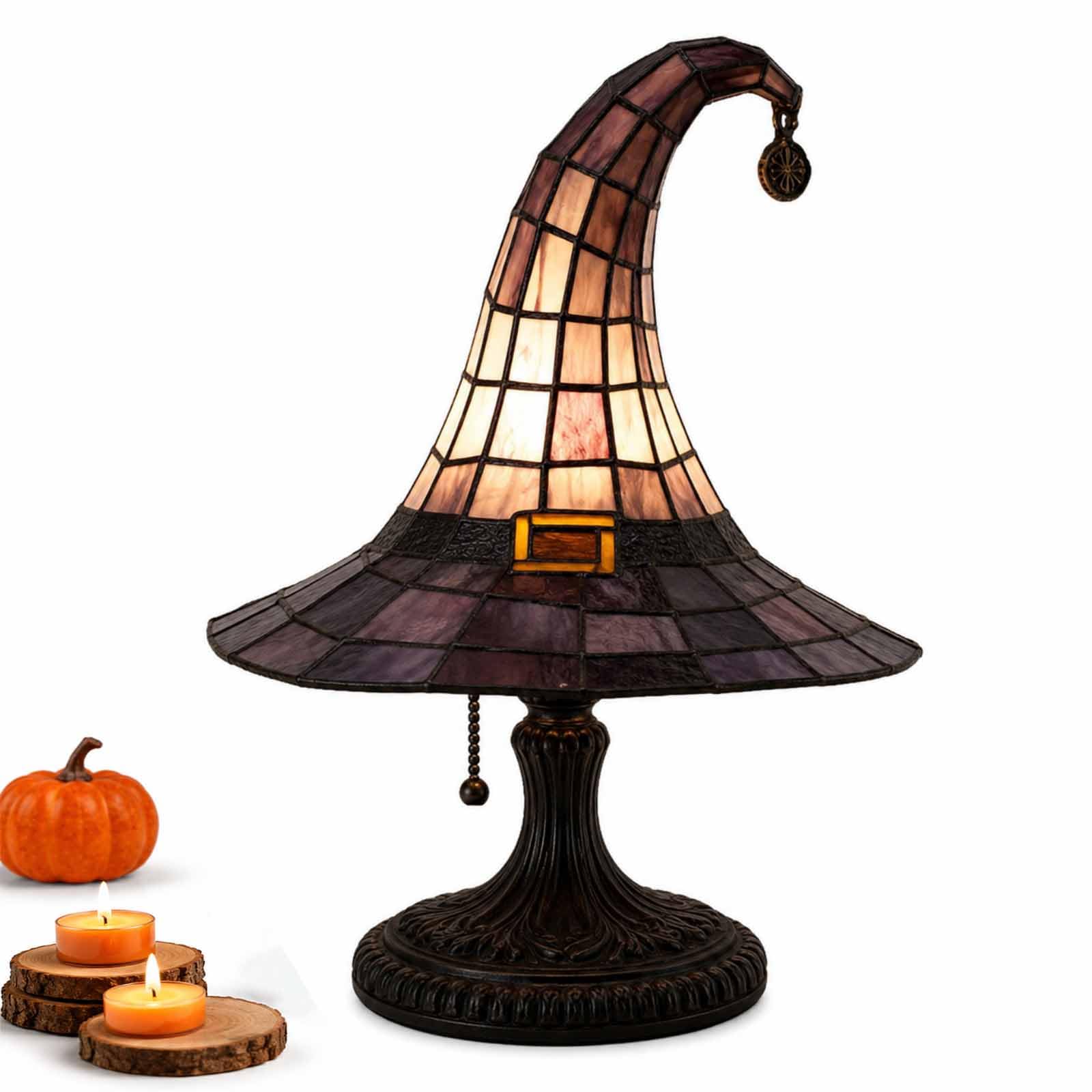 Xiaoheitutu Halloween Witch Hat Lamp, Gothic Resin Accent Light with Colorful Glass-Look Design, Spooky Tabletop Shelf Decor for Bedroom, Bookshelf, Mantel and Halloween Gifts (Gray,L)