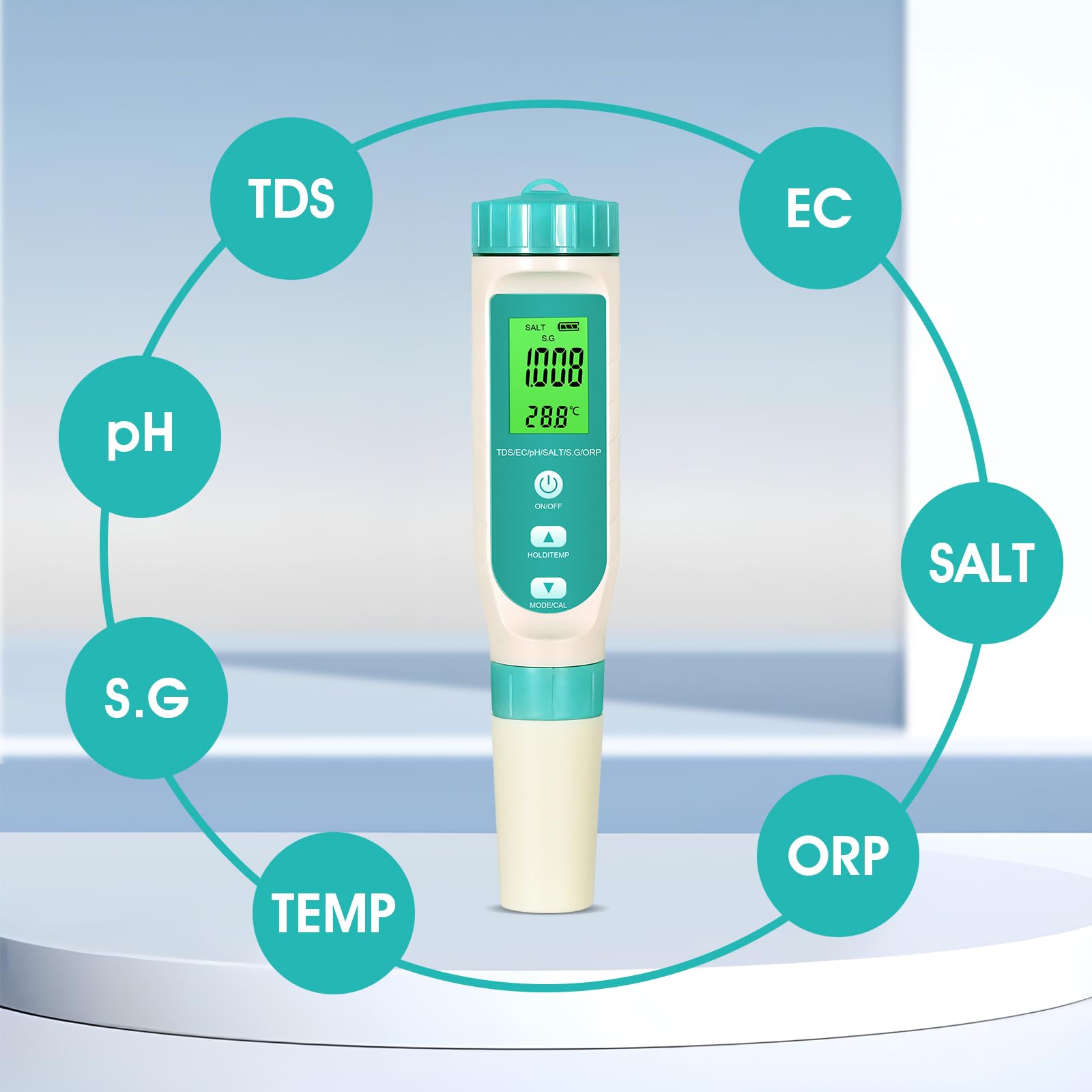 Testeur de qualité de l'eau T8-W7L – Appareil de mesure 7 en 1 pH/TDS/EC/sel/ORP/SG/température | Étanchéité IP67 | Calibrage ATC | Écran LED rétroéclairé pour aquarium, hydroponie, jardin