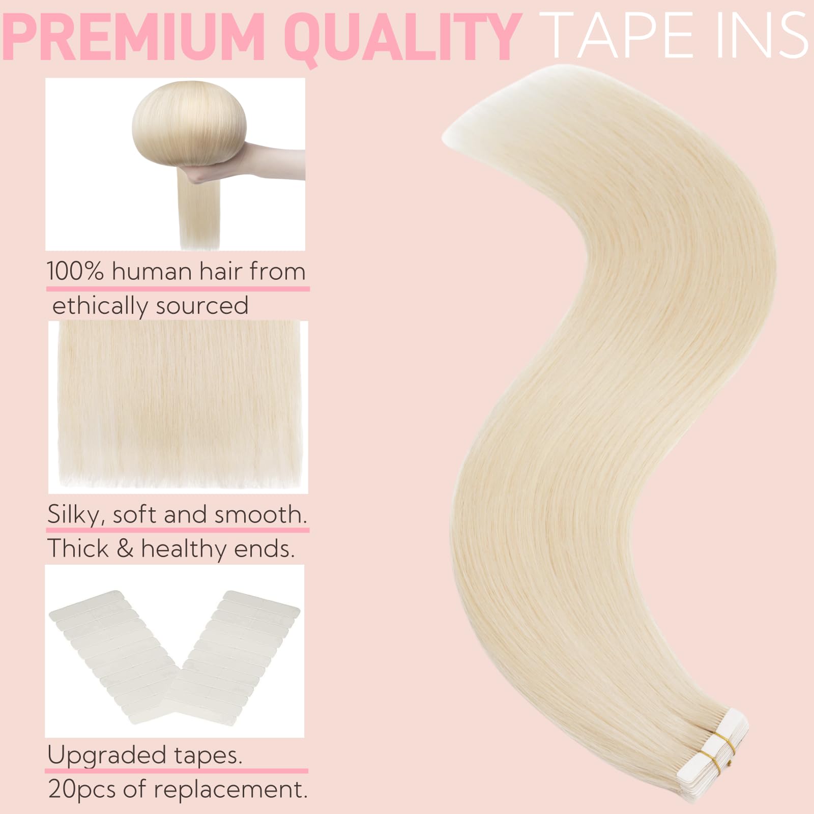 FUOTONBUTY Tape in Hair Extensions Human Hair Double Stitched Invisible Seamless Tape ins 20pcs 50g (Platinum Blonde, 12 inch) - Image 3