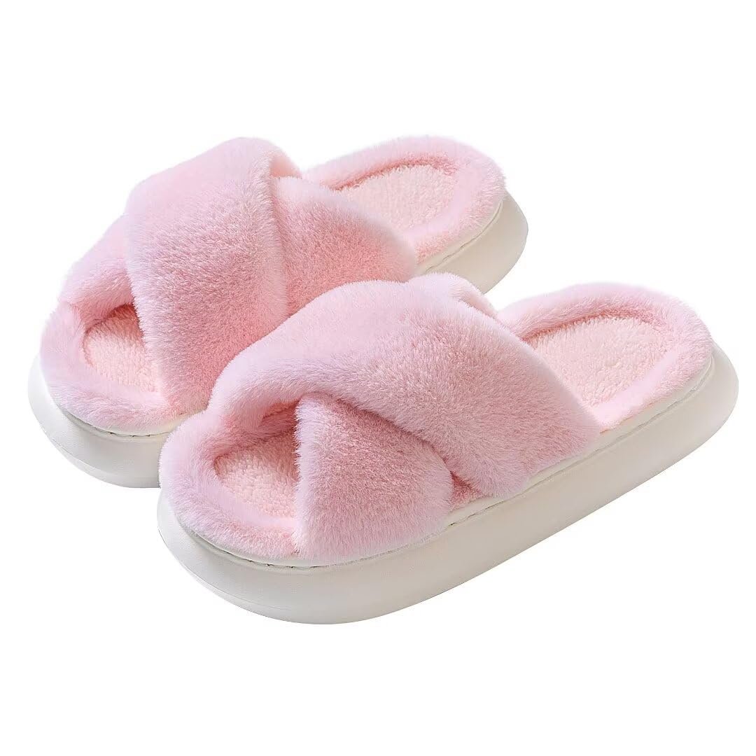 Womens Fluffy Platform Fuzzy Slippers House Shoes for Woman Bedroom Faux Fur Slippers Indoor Outdoor - 8.5-9 - Pink