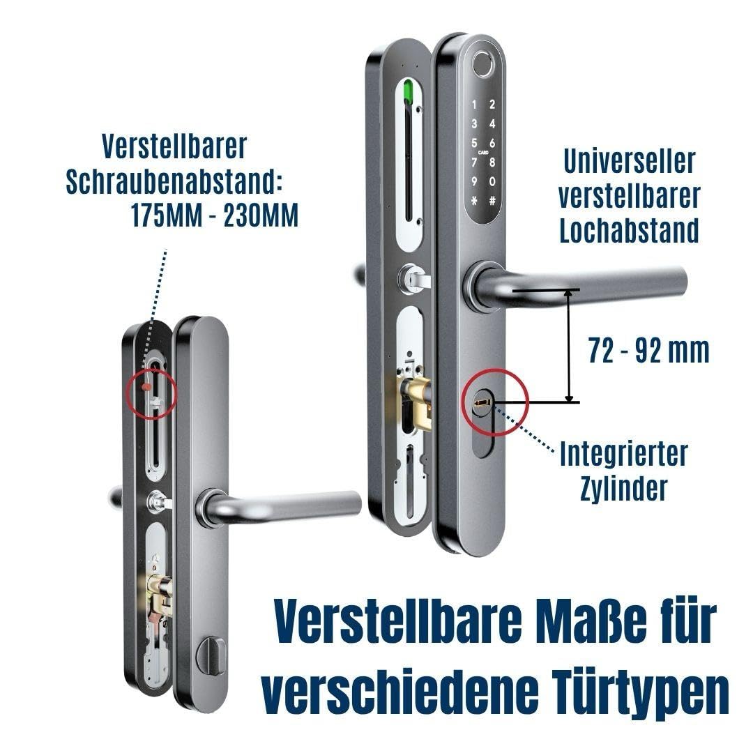 BOT Elektronisches Türschloss, SMART Lock Doorknob, TTlock, Bluetooth, Smart-Funktion – Schloss mit Fingerabdruckleser, Variable Teilungsgröße 72-92mm (Silber, 72-92mm)