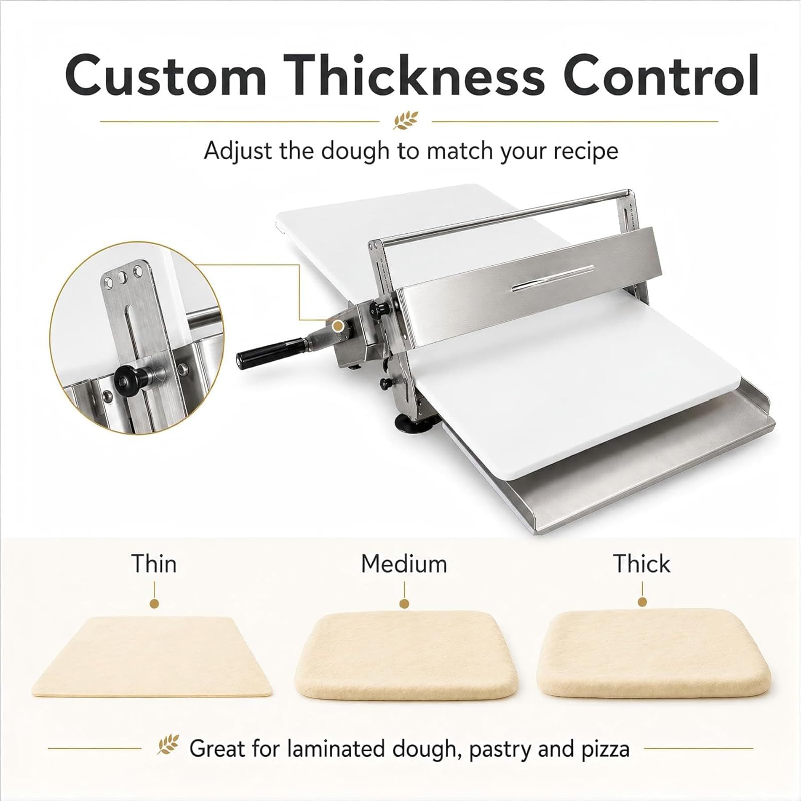Croissant-Teiglaminator Aus Edelstahl, 0-25mm Einstellbar | Commercial Pizza Dough Roller Sheeter, mit GroßE Antihaftbeschichtete Teigplatte Zur Herstellung Von Backwaren