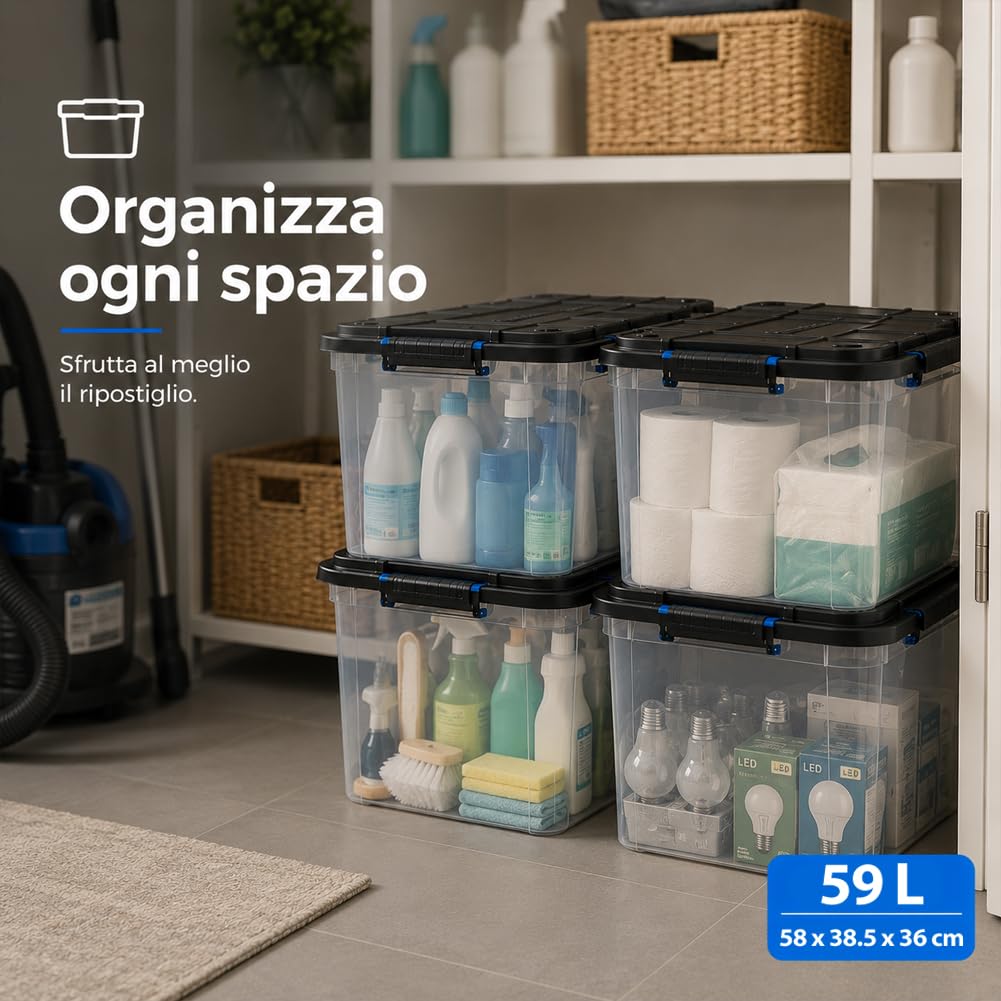 BAKAJI Set 4 Pezzi Contenitori con Coperchio e Ruote, Storage Box per Archiviazione Multiuso Giocattoli, Vestiti, Attrezzi, Accessori, Organizer Capiente e Robusto, Portaoggetti Stoccaggio