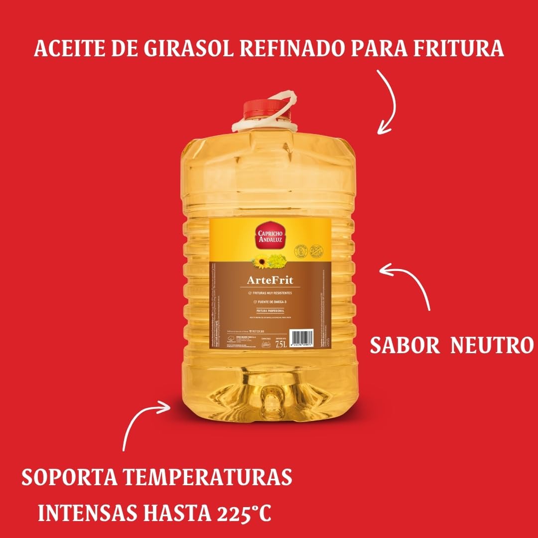 Capricho Andaluz - Aceite de Girasol Alto Oleico Artefrit PET 7,5L, Especial Fritura con Máxima Resistencia al Calor, Limpia, Ligera y Sin Sabores