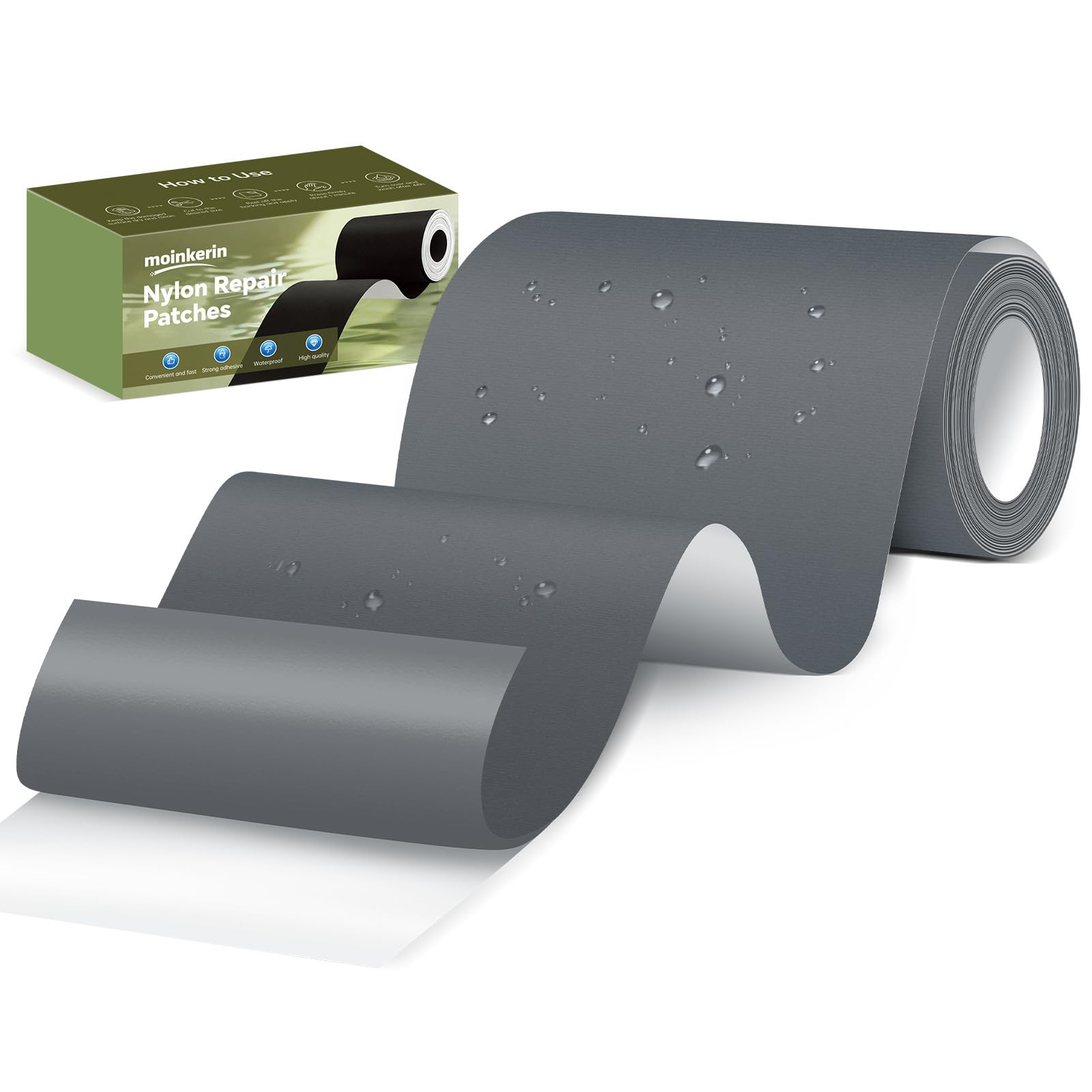 moinkerin Nylon Repair Patch Self Adhesive 7.6x200cm | Waterproof Fabric Repair Tape for Tent, Down Jacket, Backpack, Sleeping Bag, Outdoor Camping Gear