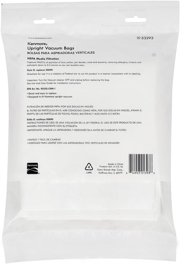 Kenmore 53294 Style O HEPA Cloth Vacuum Bags for Kenmore Upright Vacuum Cleaners 6 Pack, White -