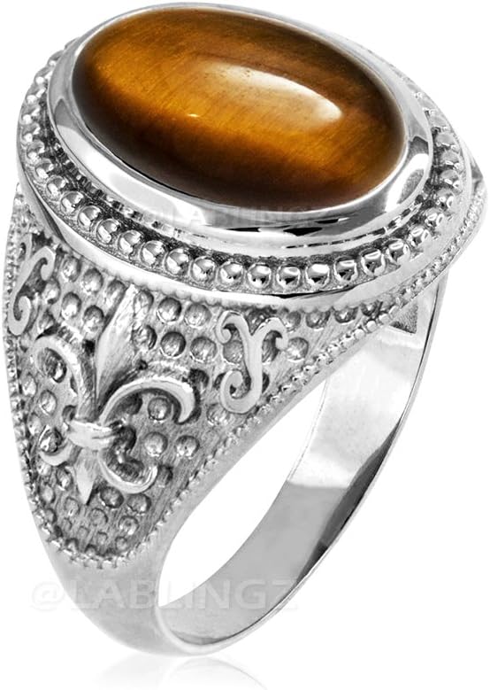 Sterling Silver Fleur-De-Lis Tiger Eye Gemstone Ring