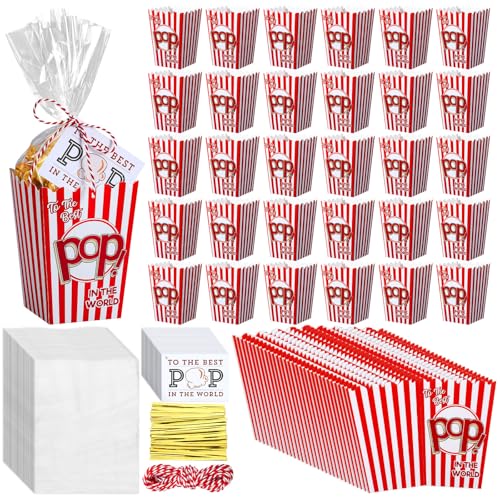 Image of Teenyyou 30 Set Father's Day Popcorn Boxes Best Pop Ever Treat Bag Popcorn Bucket Container Gift Tag with String Funny Dad Gift for Father's Birthday Party