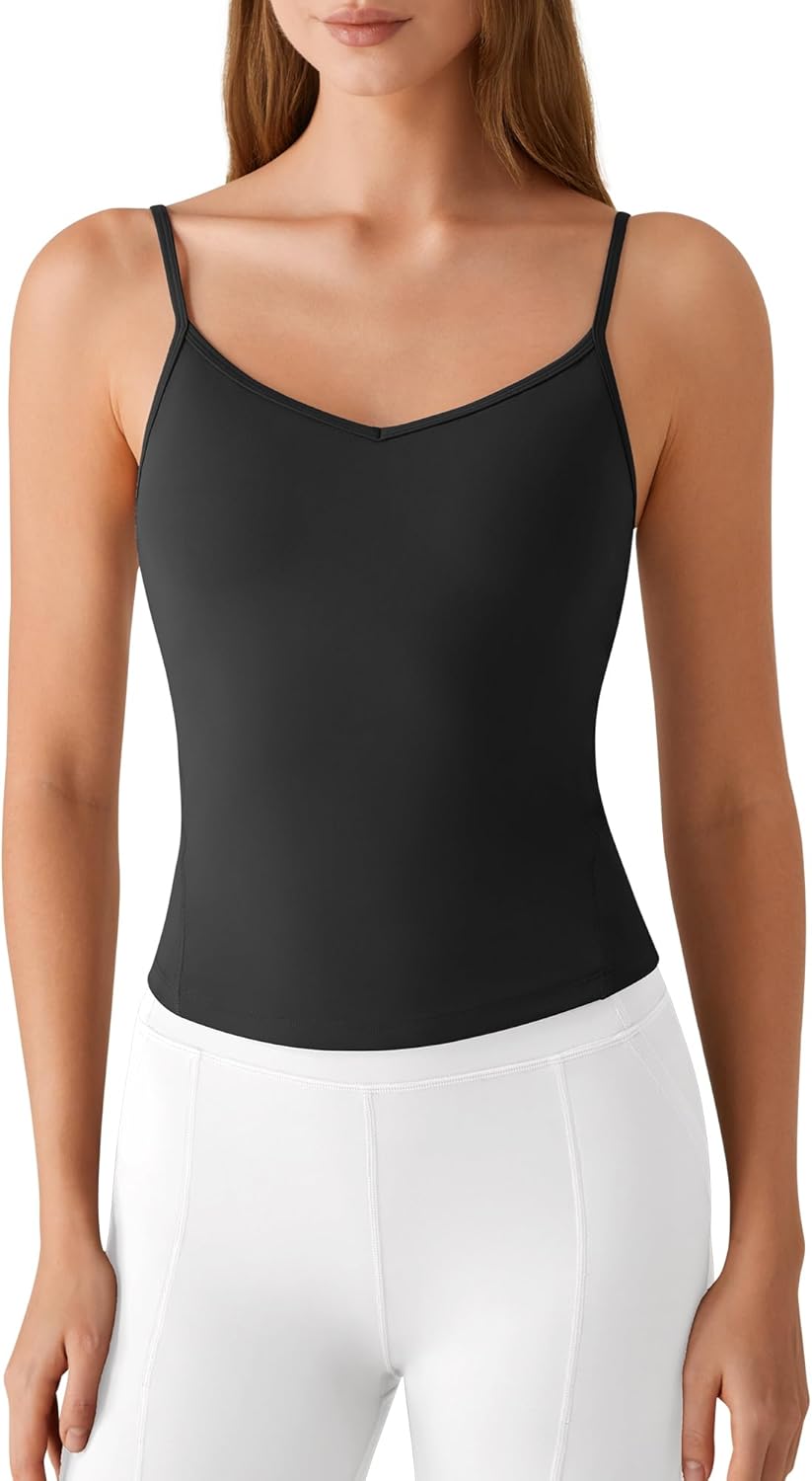 G4Free BareFeel Women's Camisole with Built in Bra Removable Padded Yoga Pilates Tank Tops Spaghetti Straps V Neck Camisoles