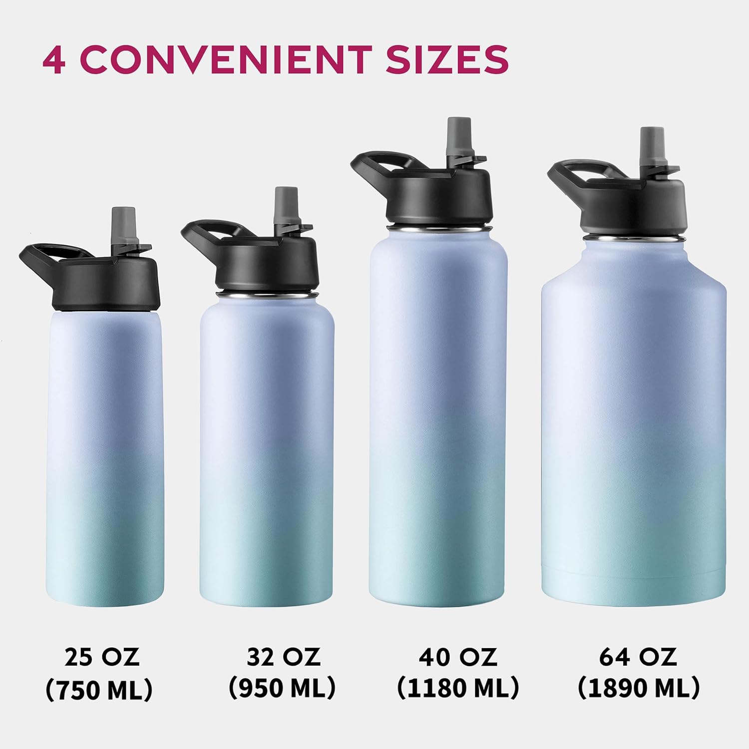 GARUET 1180ml Triple Walled, Insulated Water Bottles with Straw, Stainless Steel Metal Bottle W/ 3 Leak Proof Lids - Image 4