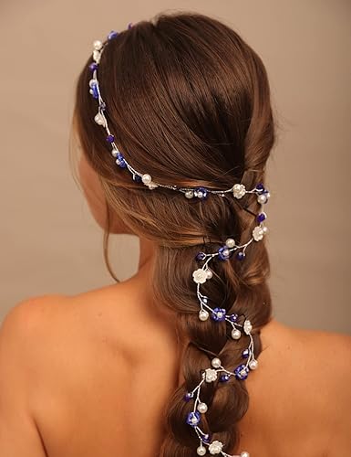Teyglen Vid de pelo floral hecho a mano para mujer con cuentas de perlas, tocado de cristal azul para novias y bodas