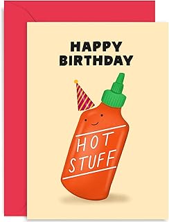 Old English Co. Funny Happy Birthday Card for Husband or Wife - Cute 'Hot Stuff' Chilli Hot Sauce Card for Men or Women - Boyfriend, Girlfriend, Fiance, Partner| Blank Inside with Envelope